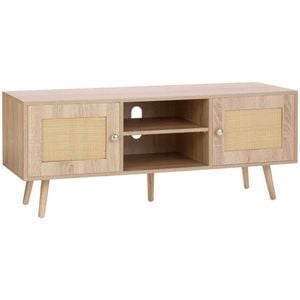 P&P Oak Rattan TV Stand 55 Inch Boho Entertainment Unit Storage Cabinet