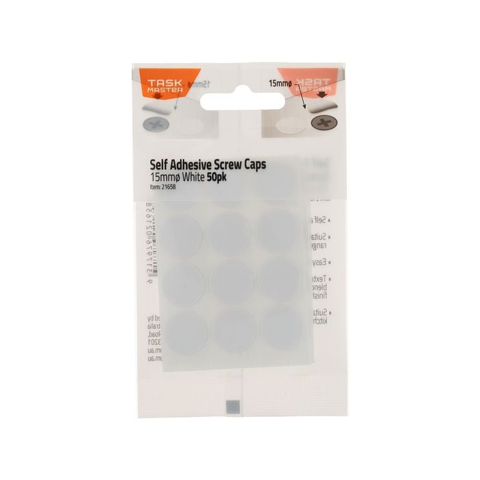 Taskmaster 15mm White Self Adhesive Screw Caps - 50 Pack