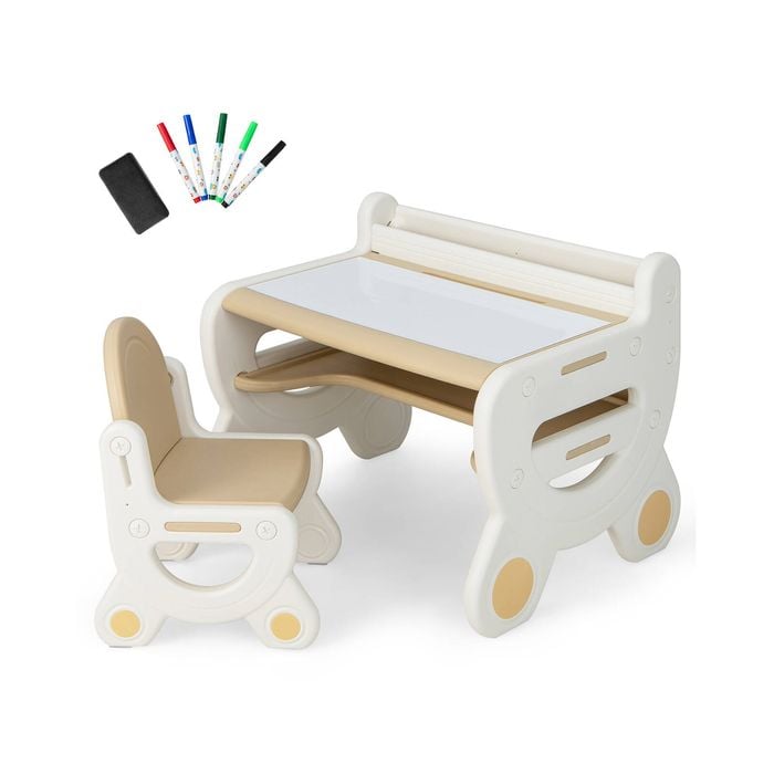 Costway Kids Drawing Table & Chair Set Study Activity Desk - Brown