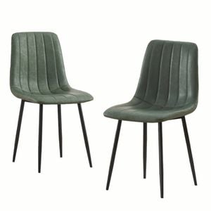 Bribrion X2 Dining Chairs With Black Metal Legs Upholstered Faux Leather Seats Channel Back Modern Kitchen Saddle Pu Green
