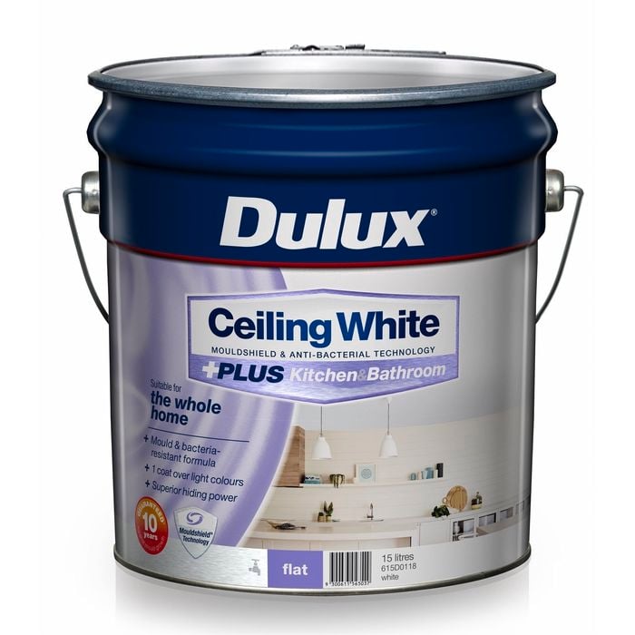 Dulux White Ceiling +PLUS Kitchen and Bathroom Paint - 15L