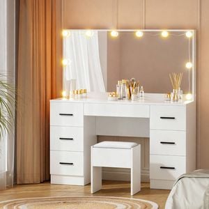 Vanity Desk with Mirror and Stool, Wooden Dressing Table Set with 7 Drawers, 3 Color LED Bulbs Makeup Table for Bedroom, White