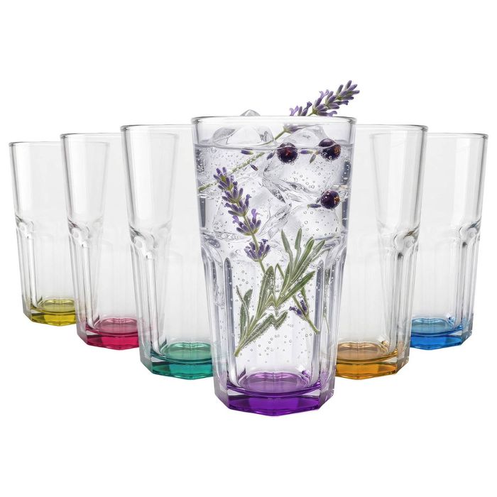 Argon Tableware Panelled Highball Glasses with Coloured Base - 400ml - Pack of 6