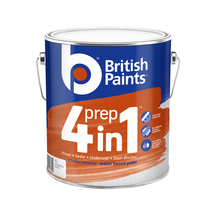 British Paints 4L White Water Based Prep 4 In 1 Primer Sealer Undercoat - 4L