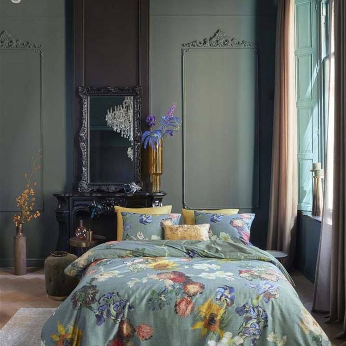Bedding House x Van Gogh Queen Forest Green Van Gogh Partout des Fleurs Green Cotton Sateen Quilt Cover Set