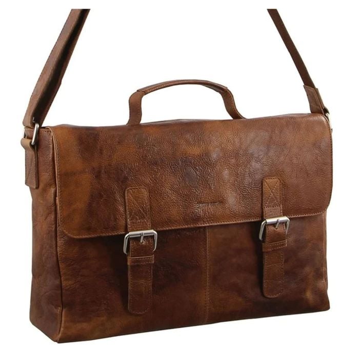 Pierre Cardin Mens Rustic Leather Flap Over 15" Laptop Computer Bag - Cognac - Cognac | 39 x 11 x 27 cm | Leather