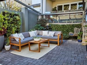 Outdoor entertaining area with outdoor furniture and vertical wall gardens.