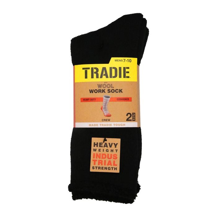 Tradie Men's Black Wool Crew Socks - 2 Pack - Size 7-10