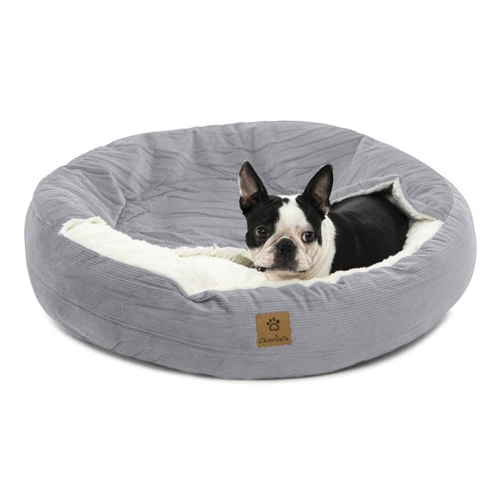 Charlie's Snookie Hooded Corduroy Calming Dog Bed Dove Grey Small