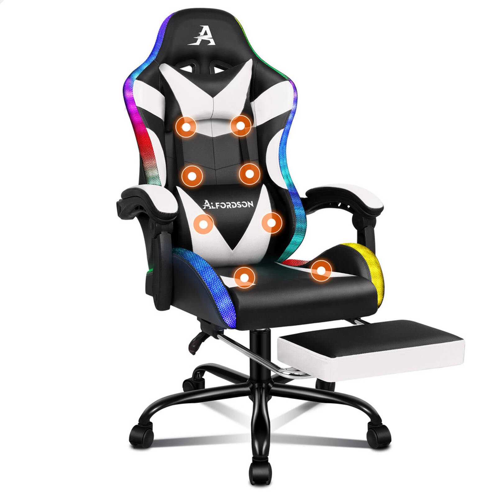ALFORDSON Gaming Chair Office Massage 12 RGB LED Computer Seat PU Leather White Bunnings Australia