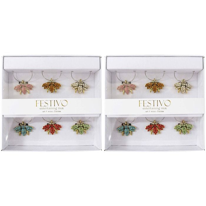 2x 6pc LVD Bumble Bee Alloy Wine Glass Charms Set 13x12cm Multicoloured