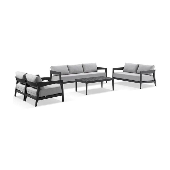 Bronte 3+2+1+1 Outdoor Aluminium Lounge Setting Charcoal With Coffee Table & Textured Olefin Grey Cushions