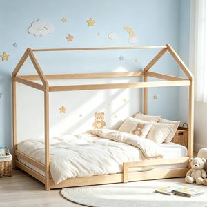 Oikiture Kids Timber House Bed Frame Double Natural