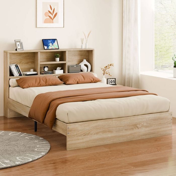 Alfordson Wooden Bed Frame Queen With Bookshelf Oak