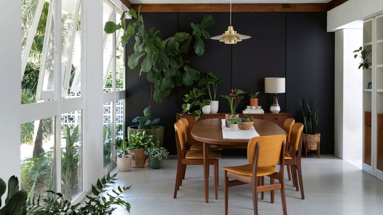 An arrangement of different coloured and sized pots alongside the wall in a stylish dining room and atop of the wooden dining table