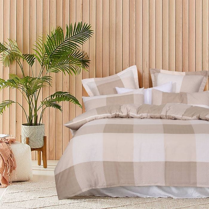 Queen Bed Quilt Cover Set with European Pillowcase - Beige Check