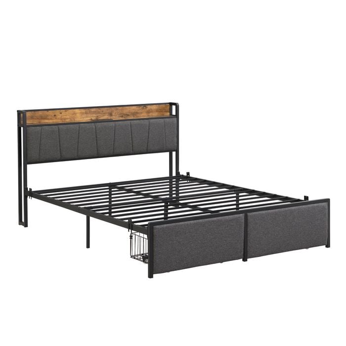 IHOMDEC Double Size Metal & Wood Bed Frame 2 Plug Outlets &1 USB ports and 1 Type C Charging Station and 2 Drawers BED04 Grey