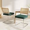 HOMFURN Set of 2 Velvet Cantilever Dining Chairs , Green Rattan Backrest & Steel Frame , Modern Accent Seat for Home & Office