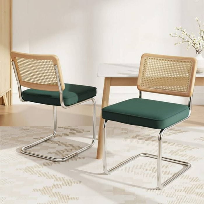 HOMFURN Set of 2 Velvet Cantilever Dining Chairs , Green Rattan Backrest & Steel Frame , Modern Accent Seat for Home & Office