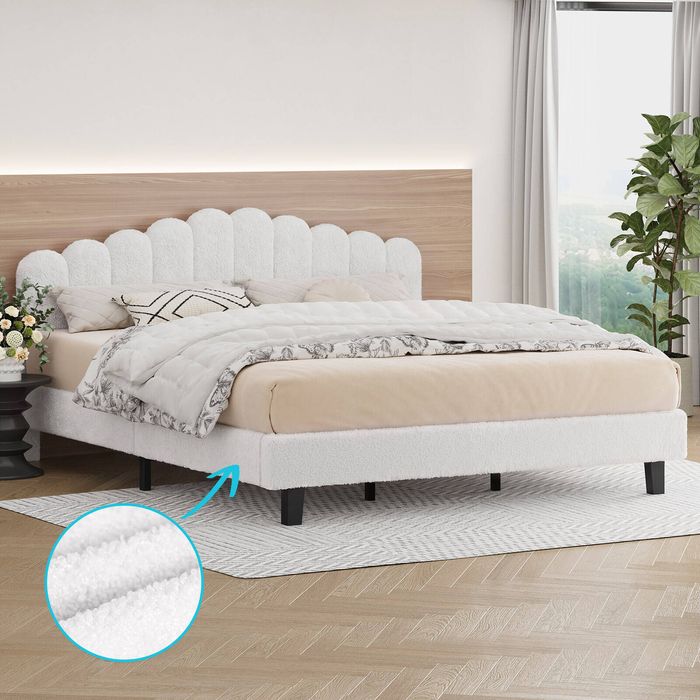 ALFORDSON Bed Frame King Boucle White Mattress Base