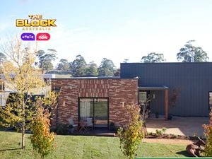 A front area of a house with trees, paving, shrubs and a grass area in it.