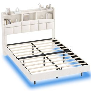 Ufurniture Velvet Floating Bed Frame with LED Lights and Storage Headboard Double Size Beige
