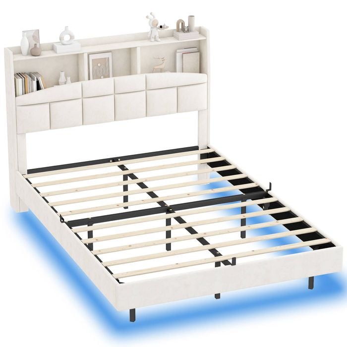 Ufurniture Velvet Floating Bed Frame with LED Lights and Storage Headboard Double Size Beige