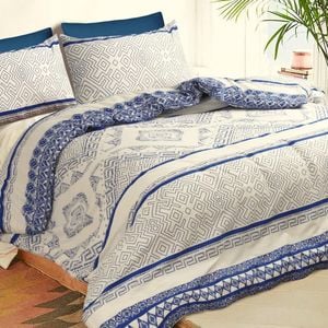 Amsons 100% Cotton King Quilt Cover Set - Hampton - Cream/Blue with extra pillowcase pair