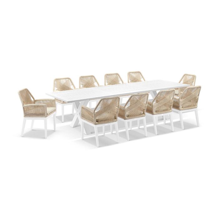 Tahitian 3m Aluminium Dining Table White With 10 Hugo Chairs & Cream Rope/Cream Cushions