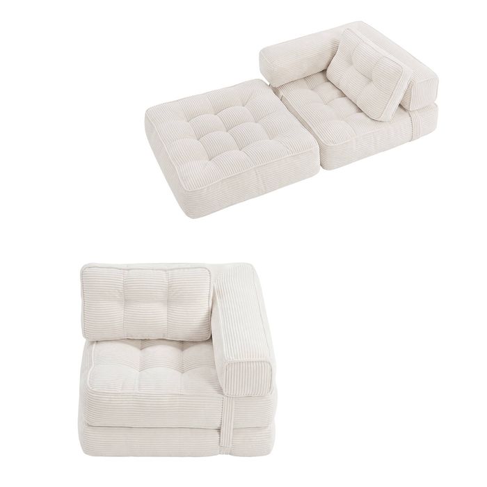 Ufurniture 3-in-1 Folding Floor Sofa Bed W/ L-shape Armrest & Backrest 90cm Corduroy Single Lounge Boneless Lazy Couch Beige