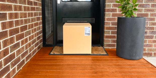 A paper delivery bag on a door mat at front door