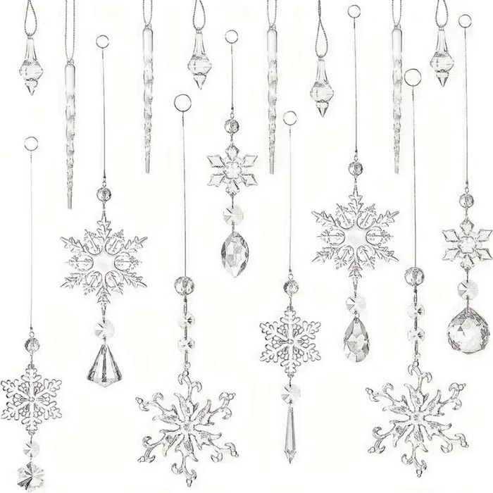 Lifebay Crystal Elegance: Set of 16 Transparent Christmas Snowflake Ornaments