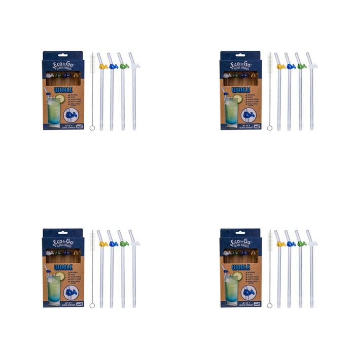 4x 4pc Eco-To-Go Glass Straw Whale Design Reusable with Cleaner Set Clear