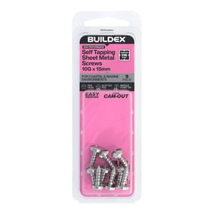 Buildex 10G x 15mm SS316 Self Tapping Sheet Metal Screws - 9 Pack