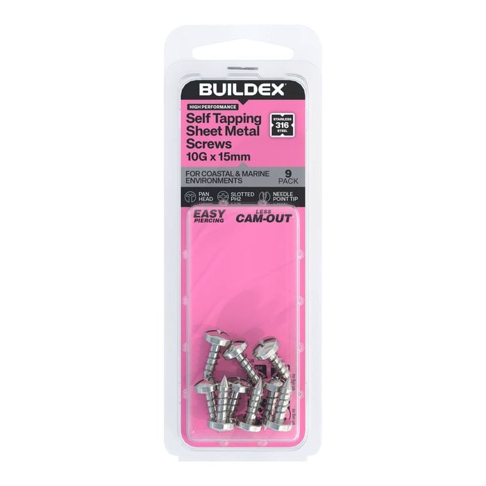 Buildex 10G x 15mm SS316 Self Tapping Sheet Metal Screws - 9 Pack