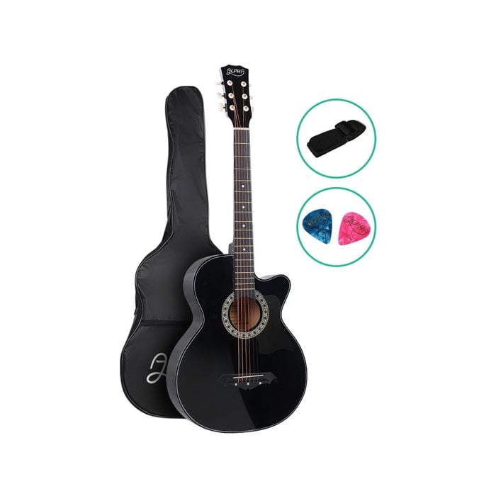 Alpha 38" Inch Full-size Acoustic Guitar Wooden Folk Classical Cutaway Steel String Black With Carry Bag