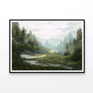 River with Trees, Mountains  Print 100% Australian Made 120x90cm  (Poster)