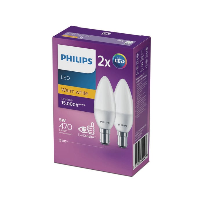Philips P45 B15 LED 470Lm Warm White 5W Candle - 2 Pack