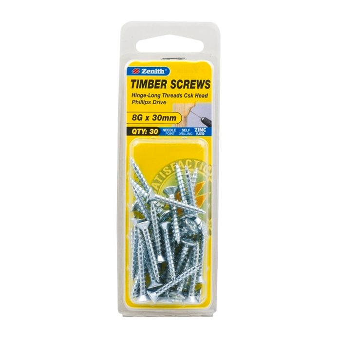 Zenith 8G x 30mm Zinc Plated Timber Screw - 30 Pack