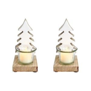 2PK Wood/Glass 15cm Tealight Holder Home Decor - White