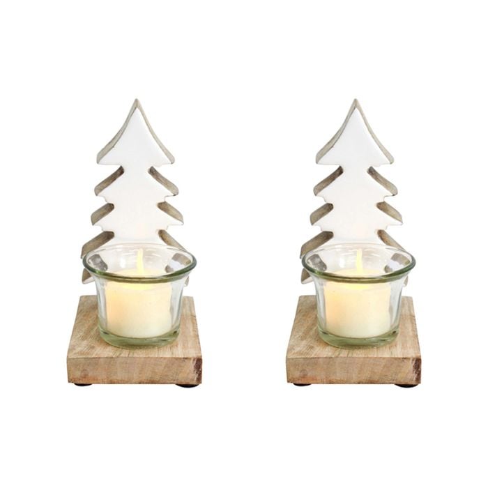 2PK Wood/Glass 15cm Tealight Holder Home Decor - White