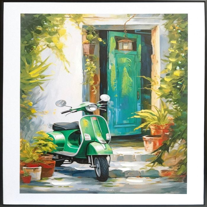 P&P Vintage Green Vespa Canvas Art - Black Frame 62x92x4cm