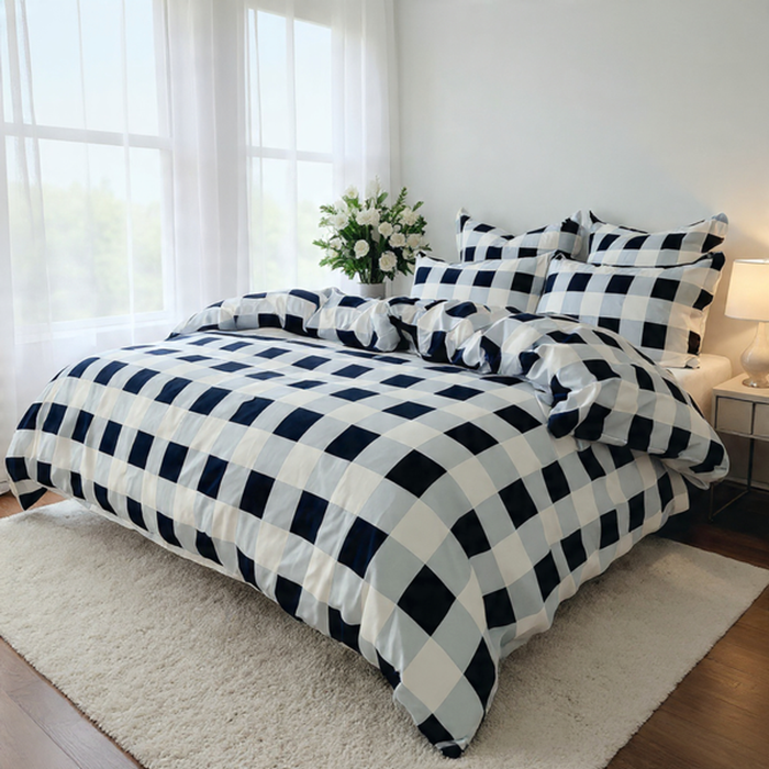 Double Quilt Cover Set - Premium Double Brushed Microfibre (Navy Grid)