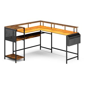 Advwin 150cm L Shaped Convertible Computer Gaming Desk w/ LED Lights Power Outlets Pegboard 242cm 2 Person Table Walnut