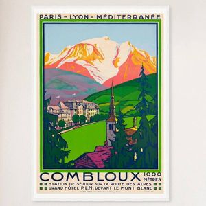 Galrie Combloux France Vintage Ski Art Poster - Charming Travel Décor Wall Art, White Frame, 70 x 100cm (28 x 40inch)
