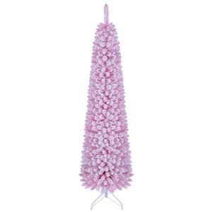 Costway 180cm Flocked Pencil Christmas Tree Artificial Fir Xmas Tree w/392 Branch Tips 140 LEDs-Pink