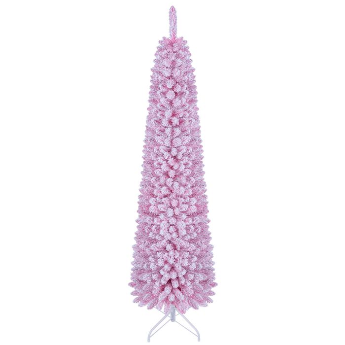Costway 180cm Flocked Pencil Christmas Tree Artificial Fir Xmas Tree w/392 Branch Tips 140 LEDs-Pink