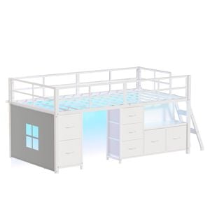 Ufurniture Low Loft Bed With Led For Kids Metal Bed Frame With 7 Drawers Bookcase And Ladder King Single Size White