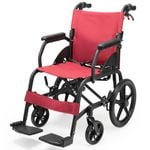 Equipmed Folding Transit Wheelchair Lightweight Aluminium for Easy Transport, Red