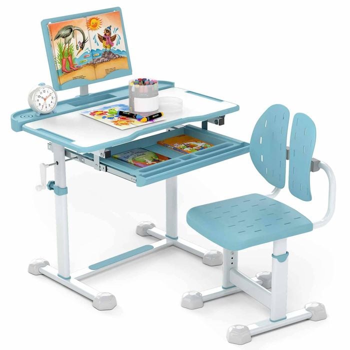Costway Kids Study Desk & Chair Set Tilt Writing Table w/Book Stand Blue